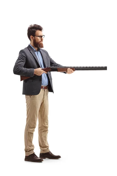 Full Length Shot Man Aiming Shotgun Isolated White Background — Stock Photo, Image