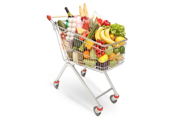 Bevásárlókosár Különböző Élelmiszer Termékek Elszigetelt Fehér Alapon — Stock Fotó