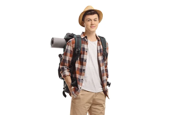 Männlicher Teenager Tourist Blickt Isoliert Auf Weißem Hintergrund Die Kamera — Stockfoto