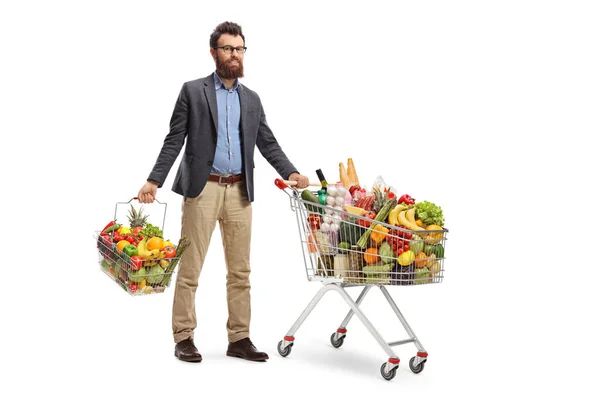 Retrato Completo Joven Pie Con Carrito Compra Una Cesta Compra —  Fotos de Stock