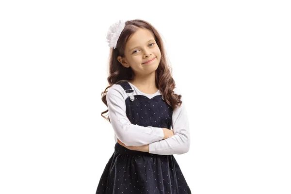Sevimli Küçük Kız Gülümseyen Beyaz Arka Plan Üzerinde Izole Poz — Stok fotoğraf