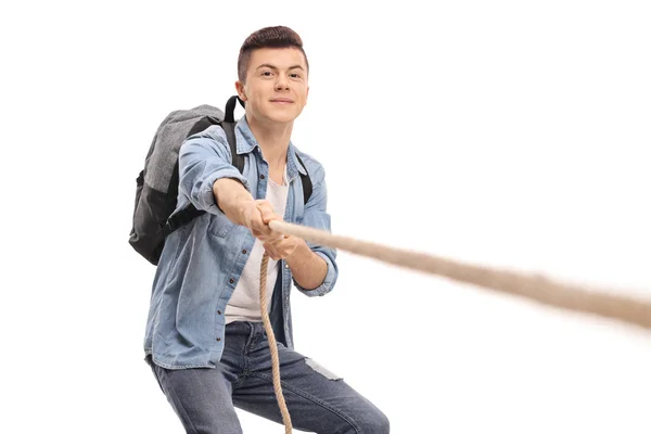 Male Student Pulling Rope Isolated White Background — Stock Photo, Image