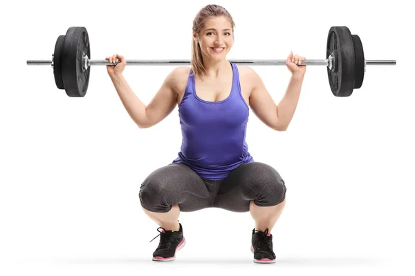 Jonge Vrouw Tillen Gewichten Schouders Geïsoleerd Witte Achtergrond — Stockfoto