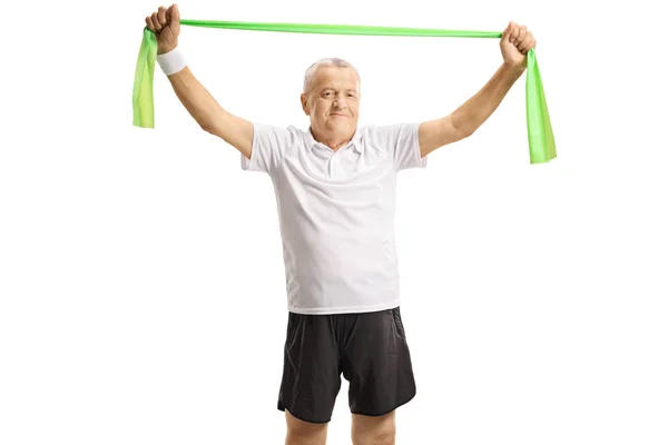 Oudere Man Stretching Handen Met Elastische Band Geïsoleerd Witte Achtergrond — Stockfoto