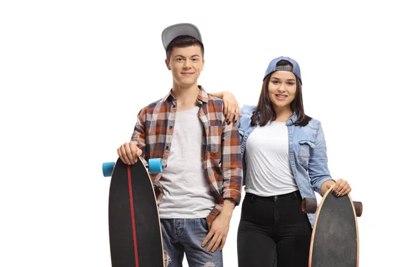 Adolescents Avec Longboards Souriant Caméra Isolée Sur Fond Blanc — Photo