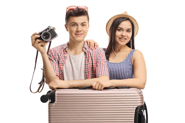 Young Male Female Tourists Suitcase Camera Isolated White Background — Stock Photo, Image