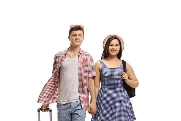 Young Couple Suitcase Smiling Holding Hands Isolated White Background — Stock Photo, Image