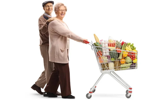 Foto Completa Una Pareja Ancianos Caminando Empujando Carrito Compras Con — Foto de Stock