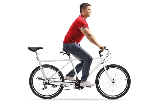 Full Length Shot Young Cheerful Man Riding Tandem Bicycle Alone — Stock Photo, Image