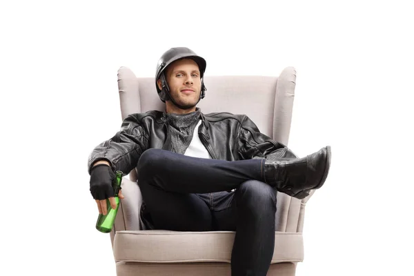 Biker Bottle Beer Sitting Armchair Isolated White Background — Stock Photo, Image