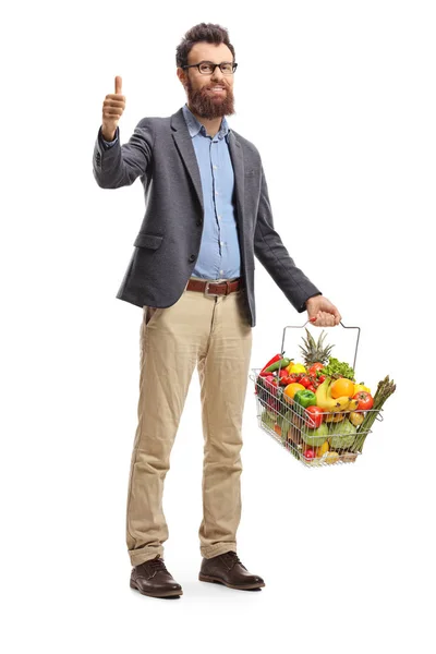 Portrait Complet Homme Barbu Avec Panier Plein Fruits Légumes Montrant — Photo