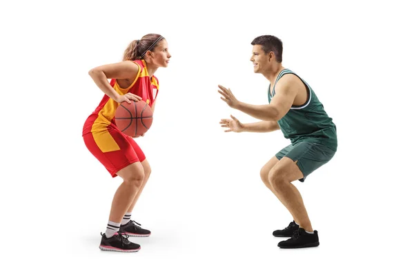 Perfil Comprimento Total Tiro Jogador Basquete Feminino Jogando Com Palyer — Fotografia de Stock