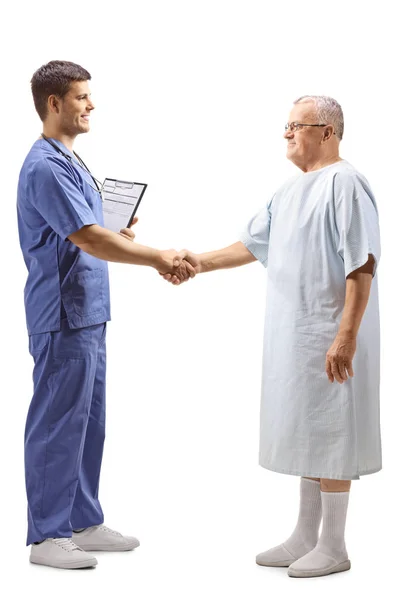 Full Length Profile Shot Young Male Doctor Blue Uniform Shaking — Stock Photo, Image