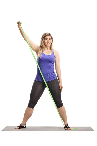 Full Length Portrait Young Healthy Woman Exercisingon Mat Stretching Rubber — Stock Photo, Image