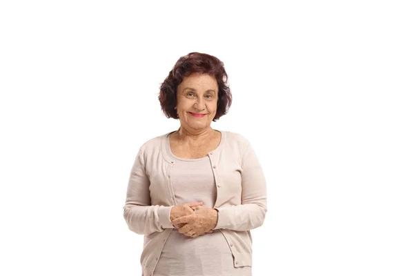 Leende Senior Kvinna Tittar Kameran Isolerad Vit Bakgrund — Stockfoto