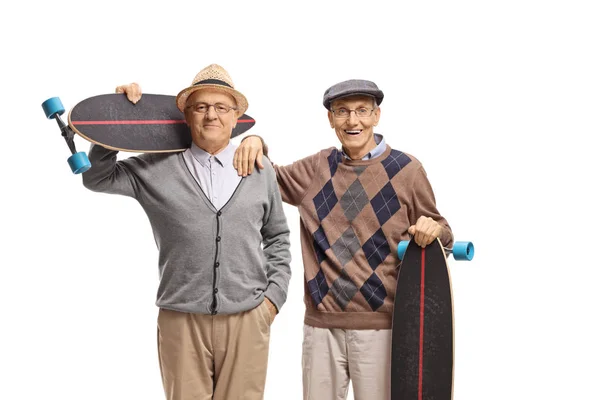 Két Vidám Idősek Longboards Elszigetelt Fehér Háttér — Stock Fotó