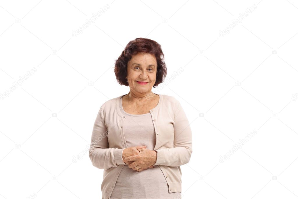 Smiling senior woman looking at the camera isolated on white background