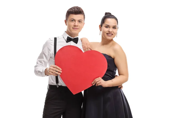 Elegantly Dressed Teenage Couple Holding Red Heart Isolated White Background — Stock Photo, Image