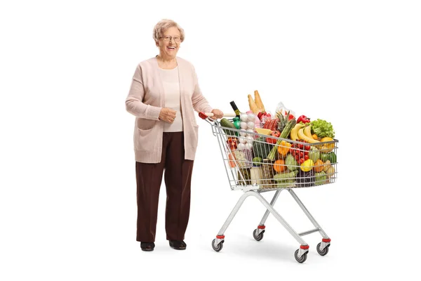 Full Length Portrait Smiling Senior Woman Posing Shopping Cart Isolated — Stock Photo, Image