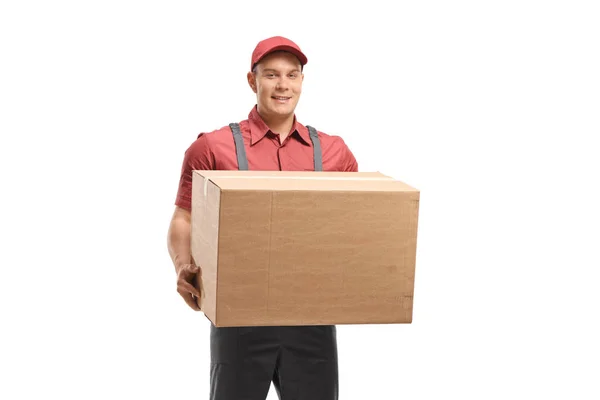 Delivery Man Holding Cardboard Box Isolated White Background — Stock Photo, Image