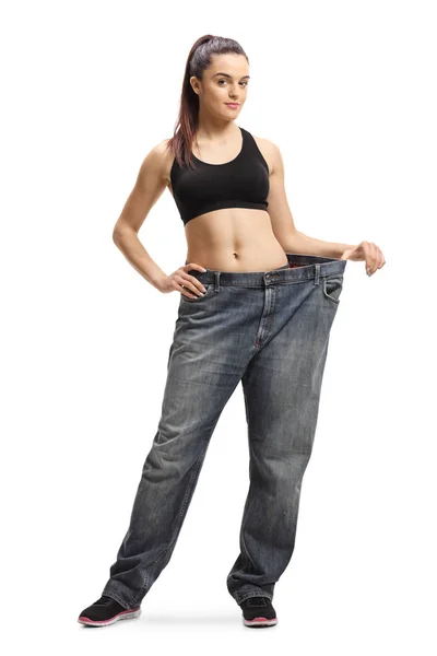 Ganzkörperporträt Einer Jungen Schlanken Frau Die Alte Jeans Großer Größe — Stockfoto