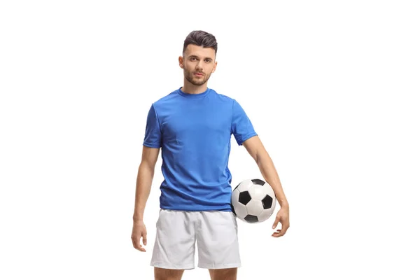 Soccer Player Holding Football Looking Camera Isolated White Background — Stock Photo, Image