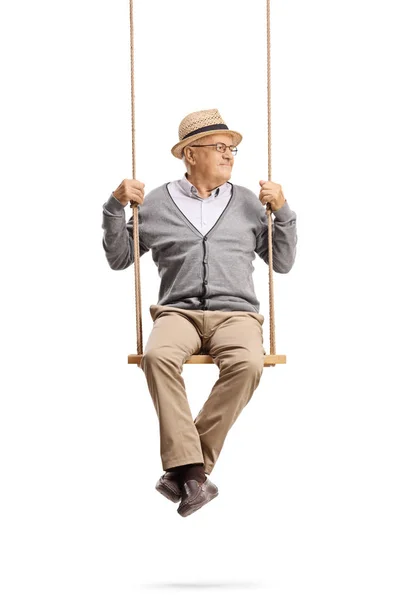 Full Length Portrait Senior Man Sitting Swing Looking Away Isolated — Stock Photo, Image