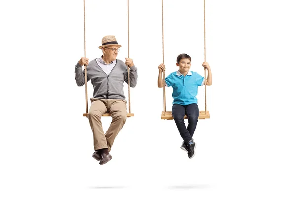 Full Length Portrait Grandfather Looking His Grandson Sitting Wooden Swings — Stock Photo, Image