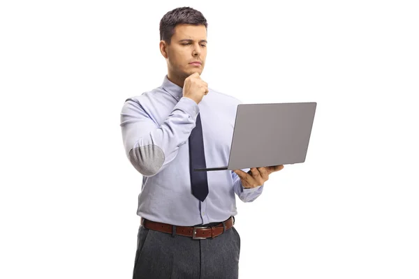 Professional Man Holding Laptop Thinking Isolated White Background — Stock Photo, Image