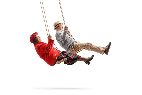 Full Length Shot Elderly Man Woman Swinging Swings Isolated White — Stock Photo, Image