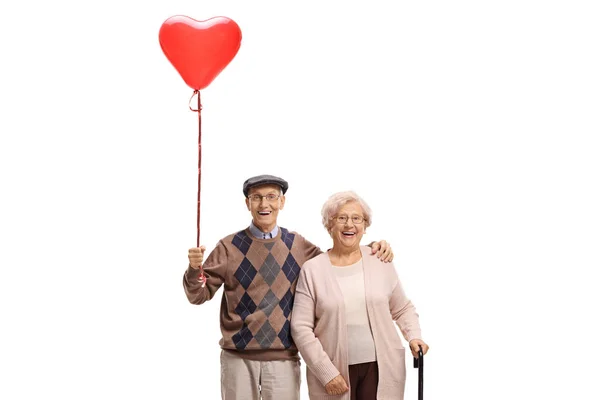 Senior Couple Heart Shaped Balloon Isolated White Background — Stock Photo, Image