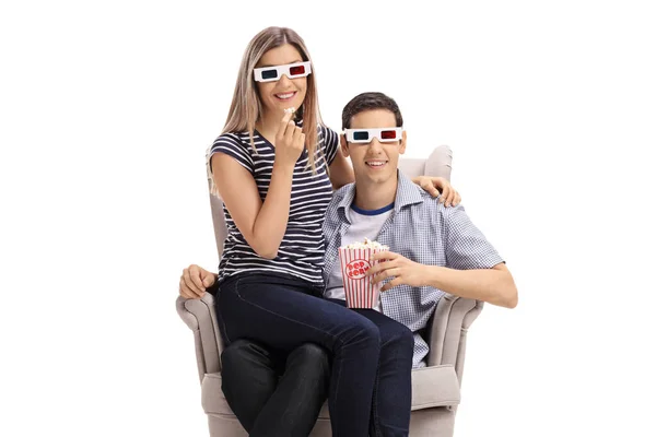 Young Couple Glasses Popcorn Sitting Armchair Isolated White Background — Stock Photo, Image