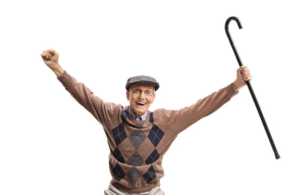 Excited senior man with a cane — Stock Photo, Image