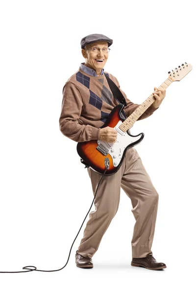 Portret Pełnej Długości Starszego Mężczyzny Grających Gitarze Elektrycznej Białym Tle — Zdjęcie stockowe
