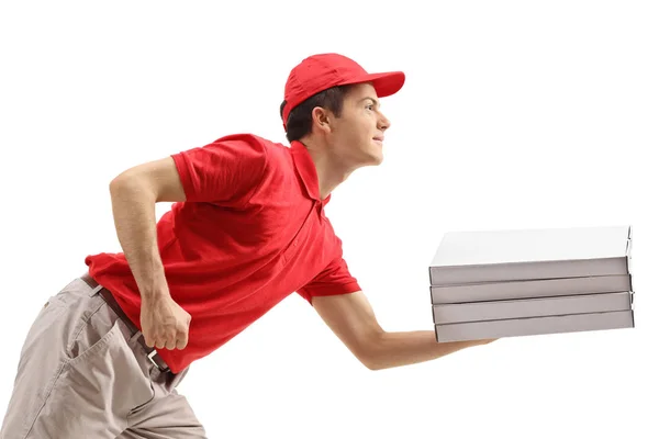 Pizza Delivery Boy Pizza Boxes Leaning Forward Isolated White Background — Stock Photo, Image