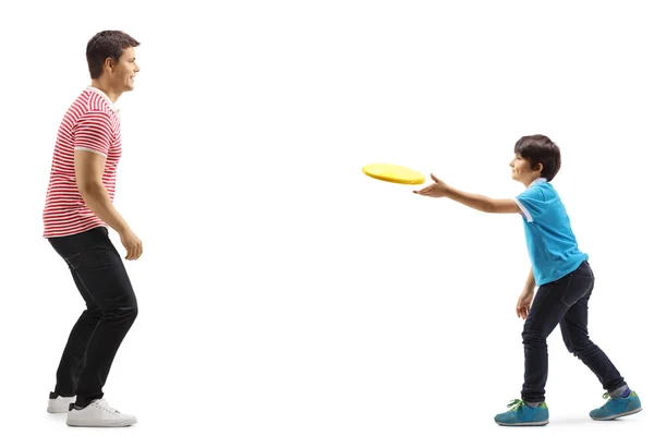 Profilbild Von Vater Und Sohn Die Frisbee Isoliert Auf Weißem — Stockfoto