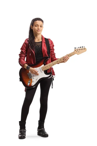 Mujer joven con una guitarra eléctrica posando — Foto de Stock