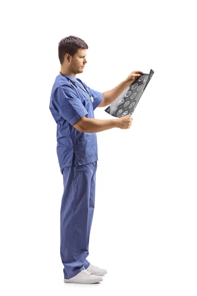 Young male doctor in a blue uniform looking at x-ray image — Stock Photo, Image