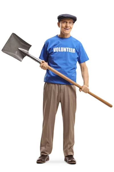 Retrato Comprimento Total Voluntário Sênior Uma Camiseta Azul Segurando Uma — Fotografia de Stock