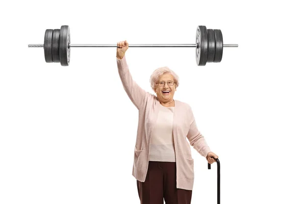 Donna Anziana Con Bastone Sollevare Bilanciere Isolato Sfondo Bianco — Foto Stock
