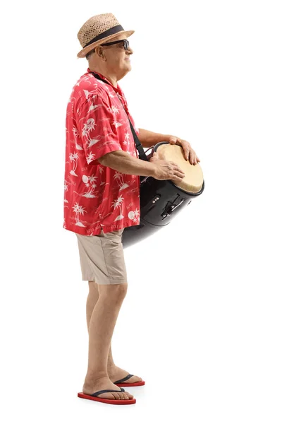 Full Length Profile Shot Mature Man Playing Conga Drums Isolated — Stock Photo, Image