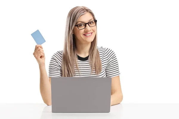 Cheerful Woman Laptop Credit Card Smiling Camera Isolated White Background — Stock Photo, Image