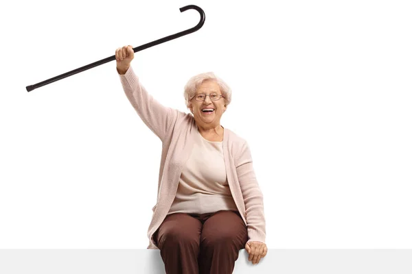 Gelukkige Senior Vrouw Met Een Stok Zittend Een Panel Geïsoleerd — Stockfoto