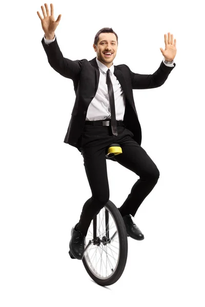 Full Length Portrait Young Businessman Suit Riding Unicycle Waving Both — Stock Photo, Image