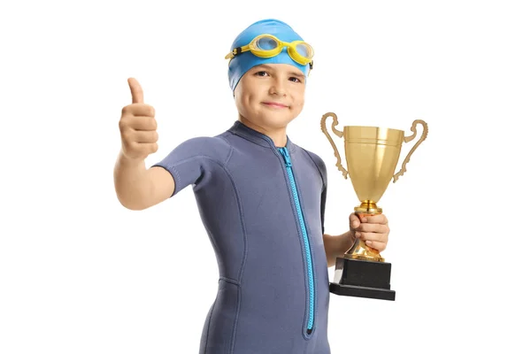 Chłopiec ubrany w kombinezon i czapka pływacki i Googles i trzymając — Zdjęcie stockowe