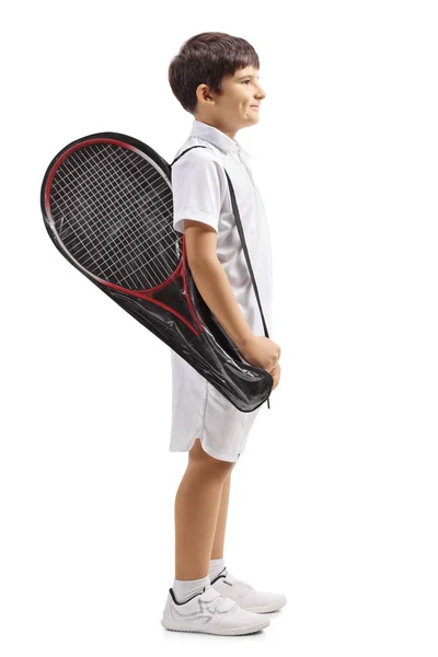 Дитина носить тенісну ракетку у футлярі — стокове фото