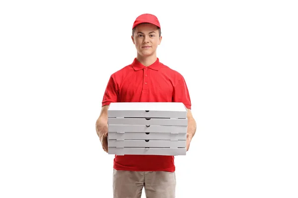 Fattorino della pizza con in mano una pila di scatole per pizza — Foto Stock