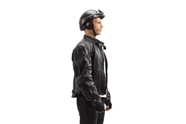 Jovem motociclista do sexo masculino esperando na fila — Fotografia de Stock