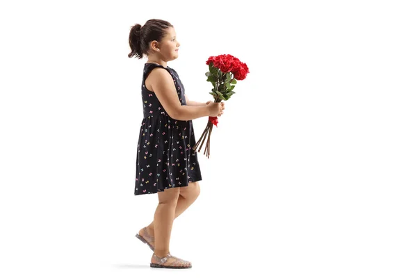 Kleines Mädchen geht und trägt einen Strauß roter Rosen — Stockfoto