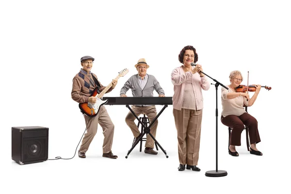 Senior Emberek Játszanak Gitár Hegedű Billentyűzet Zenei Zenekar Izolált Fehér — Stock Fotó